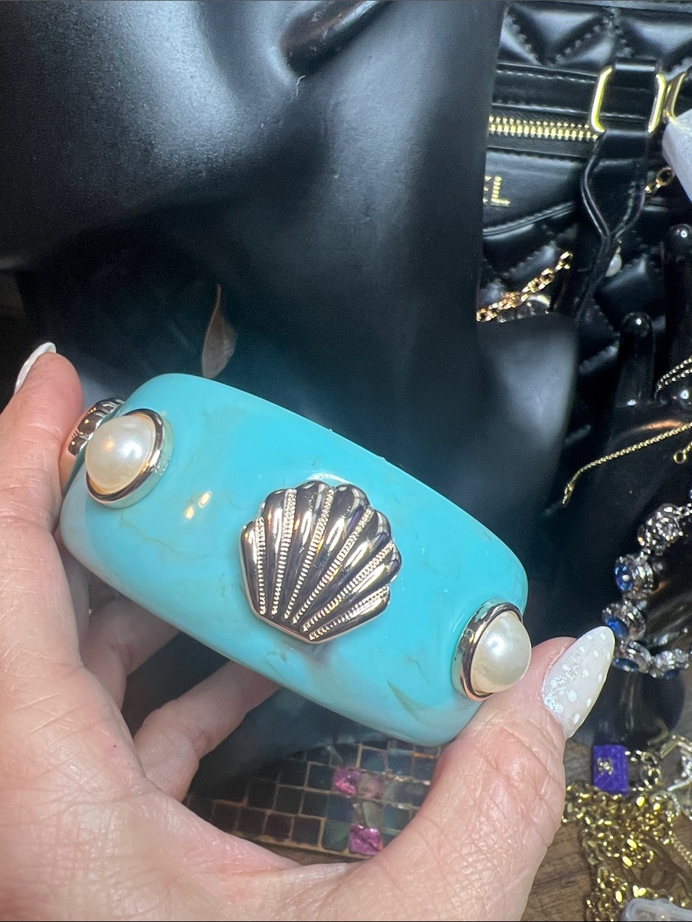 Turquoise Shell Accent Bracelet with Pearl Details